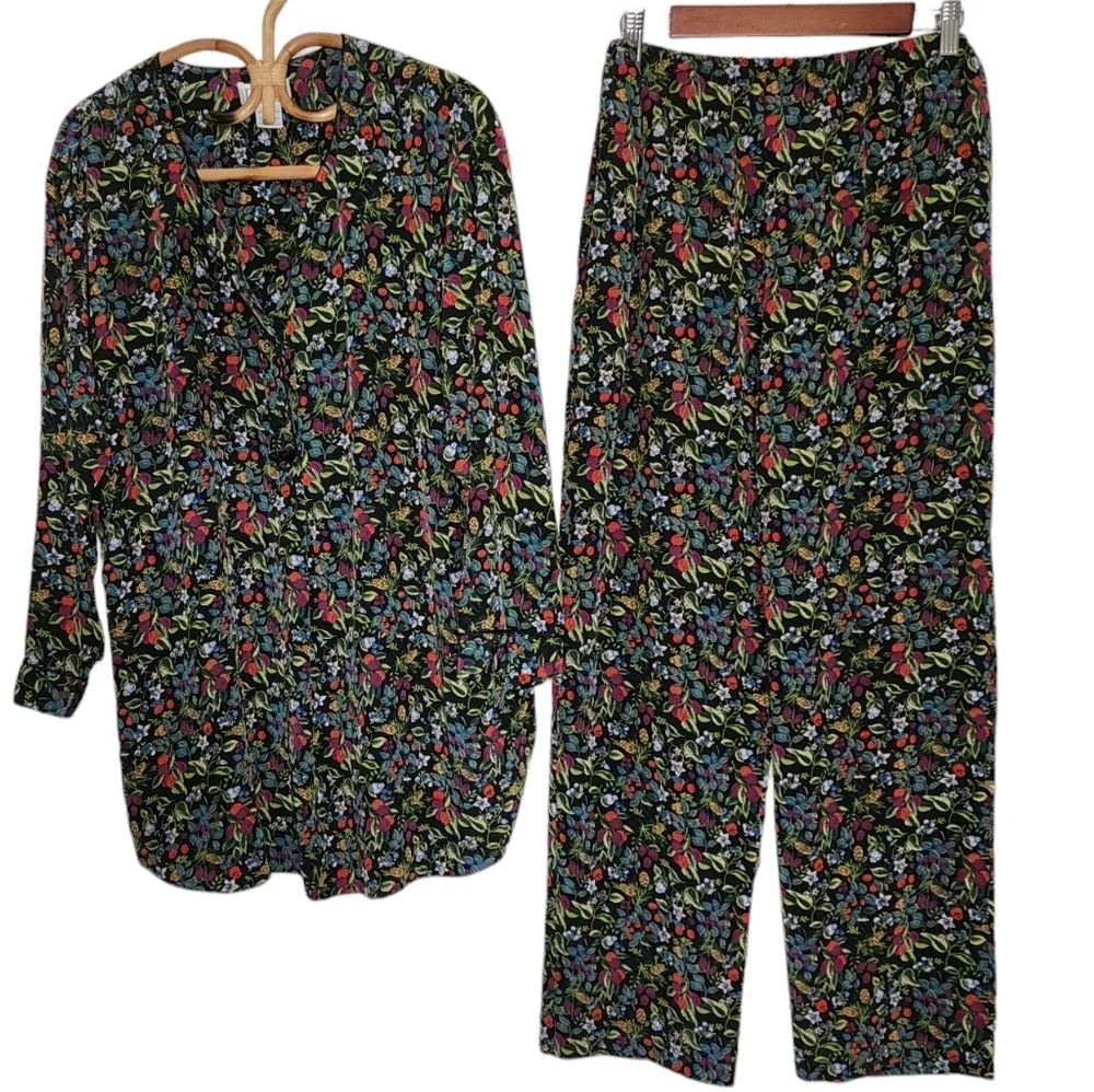 VTG Jennifer Moore Wildflower Silky Pajama Pant Set Black Floral S